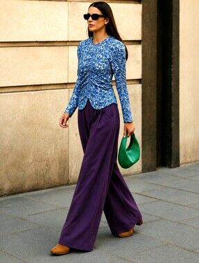 ZARA🐞Ruched Blue Floral Cotton Long Sleeve Blouse Sz: S